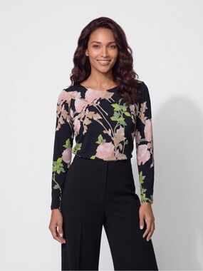 Les Copains Italian Black Long-Sleeve Top with Pink Floral & Green Leaves